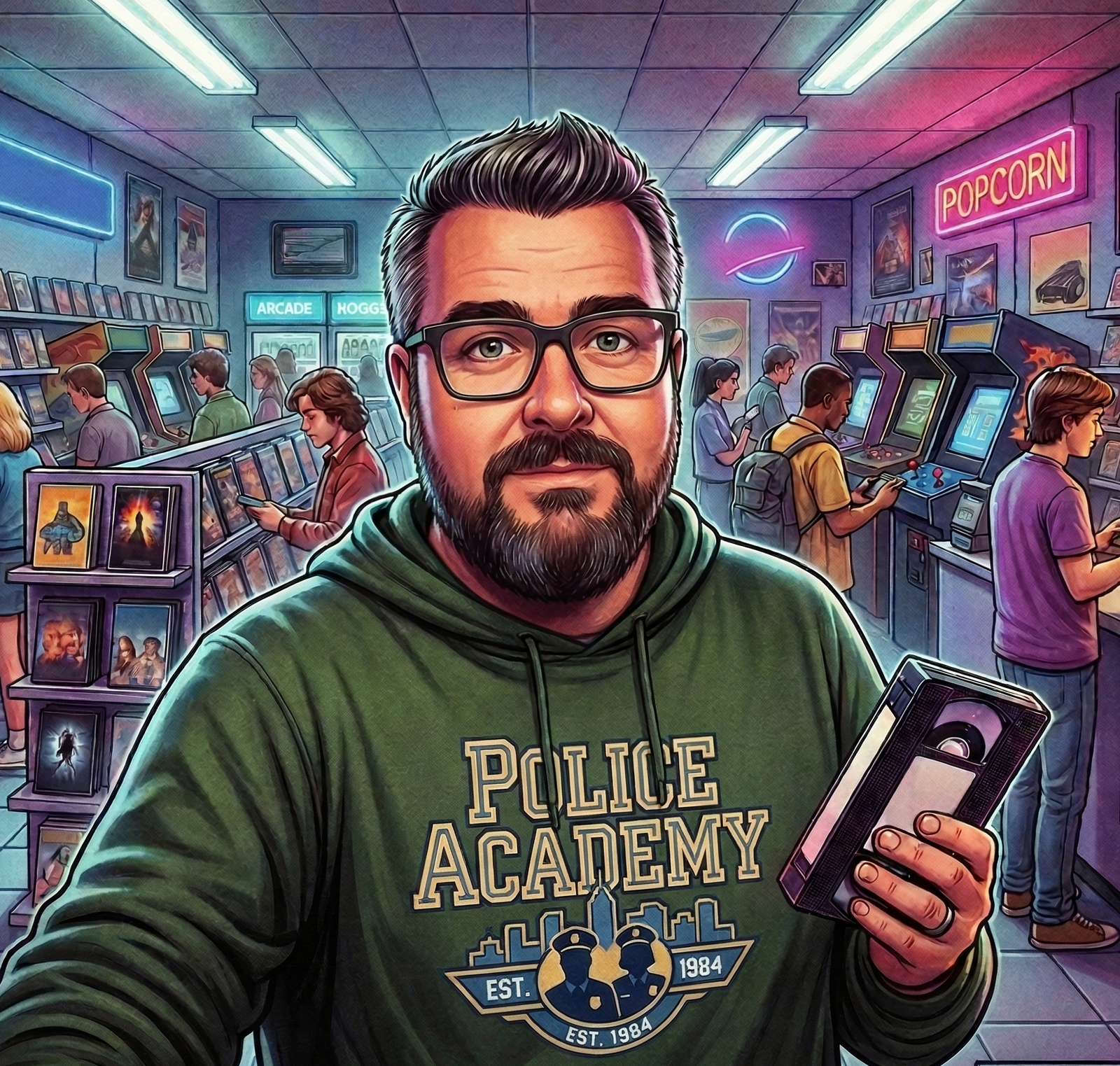 Tony at the video store counter